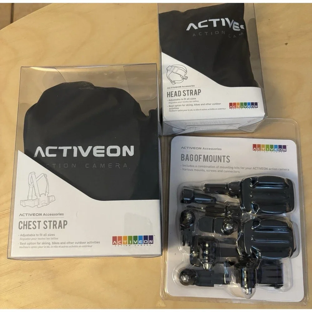 Lot Of 3 ACTIVEON Cameras Accessories Adjustable Chest, Head, Mounts New Black